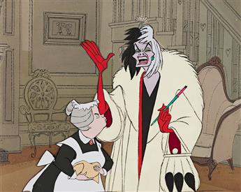 WALT DISNEY STUDIOS / 101 DALMATIONS Cruella DeVil and Nanny Animation Cel Setup 1961.